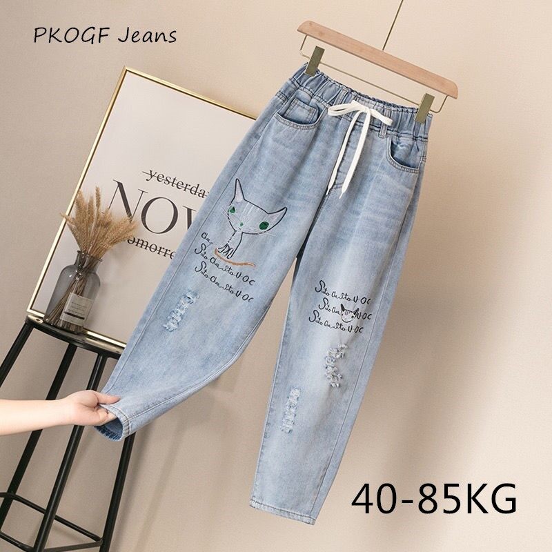 PKOGF Quần Bò Nữ Ngoại Cỡ Mới Quần Denim Thời Trang Thẳng Thoải Mái Quần Bò Rộng Họa Tiết Hoạt Hình Vui Nhộn Cỡ Lớn Thường Ngày Quần Cạp Cao Cổ Điển