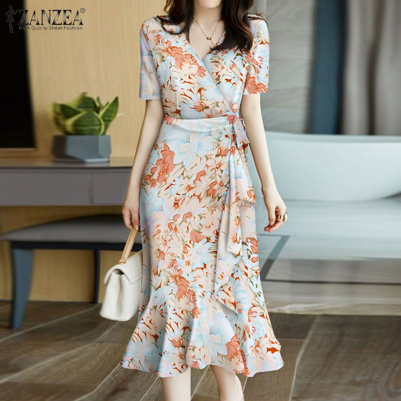 ZANZEA Korean Style Womens Simple Printed Sundress Elegant Short Sleeve Wrap Dresses 11 Lazada