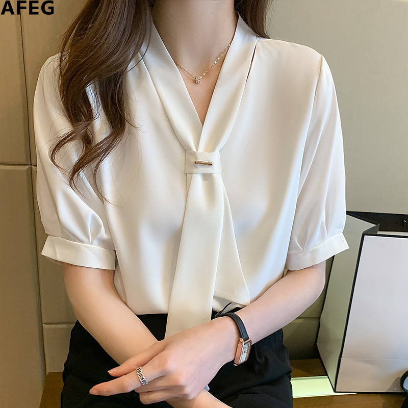 AFEG solid color new Korean version of V-neck streamer fashion loose  chiffon short-sleeved blouse for women | Lazada Singapore