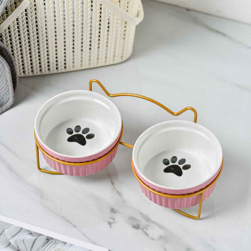 Ceramic Elevated Cat Bowl with Metal Stand Protect Spine Pet Feeder Cute Cartoon Food and Water Feeding Bowls for Cats and Puppy - 4