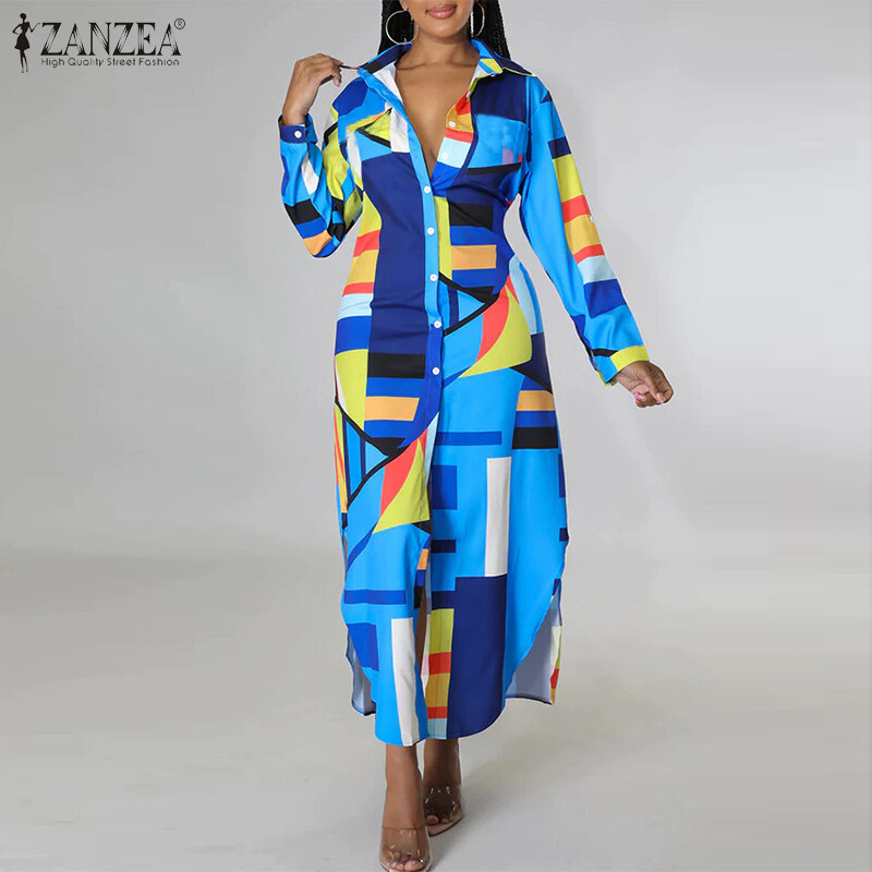 Zanzea đầm sơ mi tay dài cổ bẻ cho nữ đầm maxi in họa tiết thường ngày #15