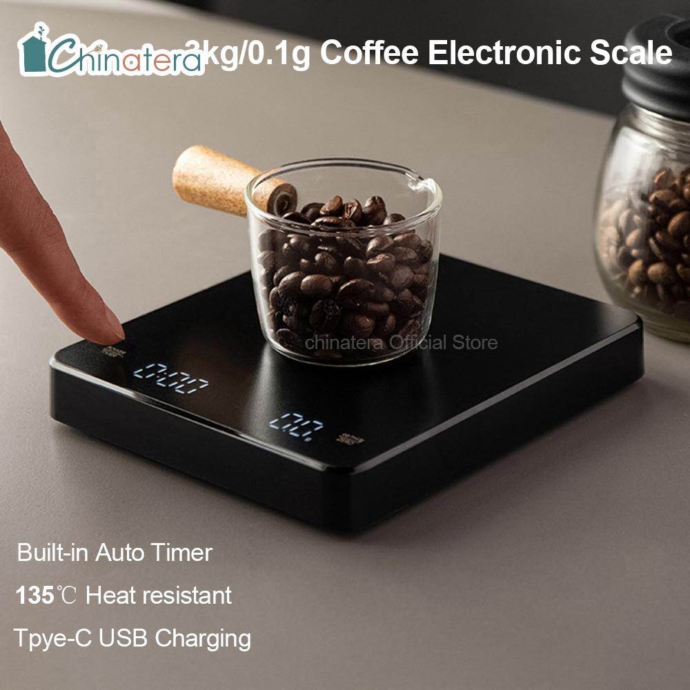 Chinatera cân điện tử + gương đen 3kg/0.1g cân cà phê thông minh pour over espresso tích hợp hẹn giờ tự động cân nhà bếp cân cà phê nhỏ giọt kỹ thuật số có đèn led hẹn giờ usb độ chính xác cao