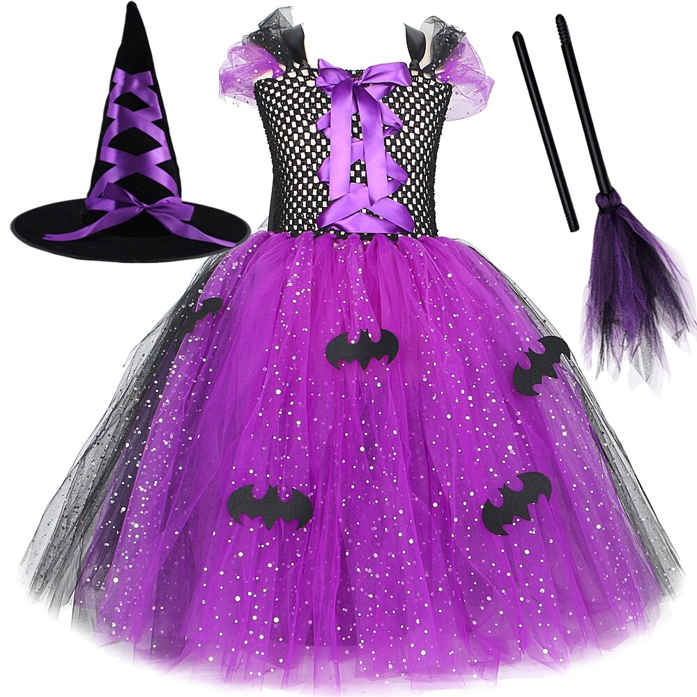 Sparkly Witch Halloween Costumes for Girls Purple Black Bat Long Tutu