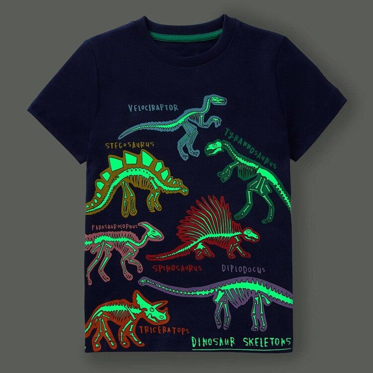 2023 mùa hè mới cậu bé Glow-in-The-Tối in hình phim hoạt hình Ngắn Tay Cổ Tròn T-Shirt khủng long cá mập Nửa tay t tại chỗ cung cấp trực tiếp