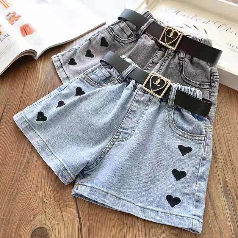 Quần Bò Ngắn In Hình Trái Tim Mùa Hè Cho Trẻ Em, Quần Short Denim Dài Trên Đầu Gối Cho Bé Gái