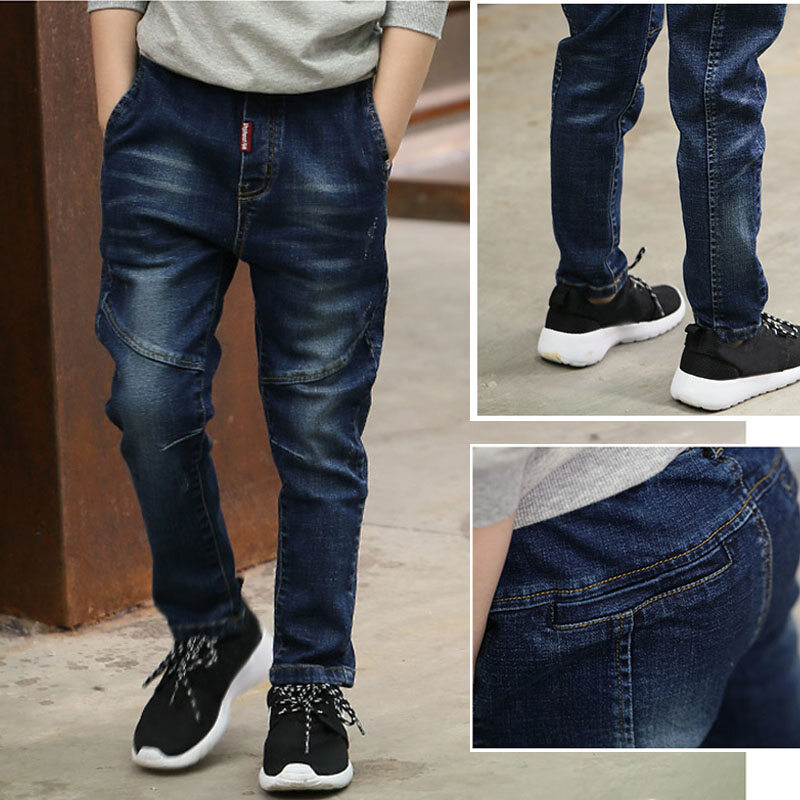 Ienens 4-13 tuổi bé trai quần giản dị bé trai quần bò ống suông dáng ôm trẻ em quần dài denim quần eo thun