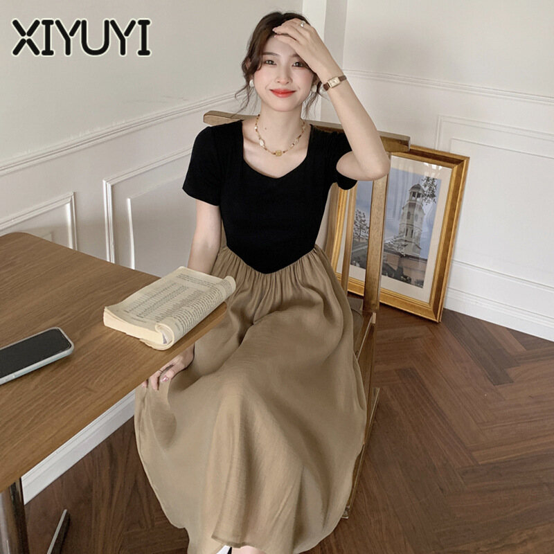 Xiyuyi đầm cho nữ đầm chắp vá hàn quốc nhẹ nhàng váy ôm eo thanh lịch mùa hè thiết kế độc đáo cho nữ