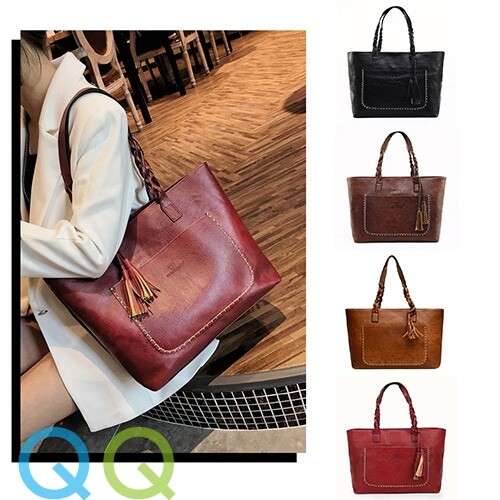 READY STOCK QQ Large Vintage Shoulder Tassel Bag Casual Beg Tangan Besar Office Tote Handbag Fringe Bags