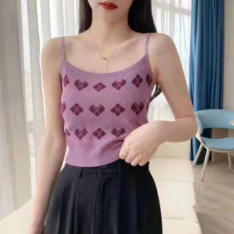 Magiclady áo yếm dệt kim nữ, đồ dệt kim cổ chữ u không tay họa tiết trái tim áo quần áo cổ điển
