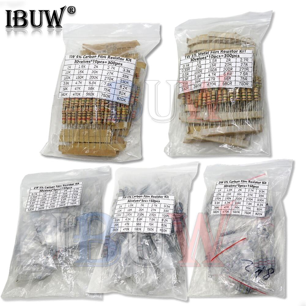 150 cái 300 cái bộ điện trở 1w 2w 3w 5w 5% 30 giá trị x 10 cái màng carbon điện trở 0.1-750 ohm bộ 1k-820k 30 giá trị x 5 cái