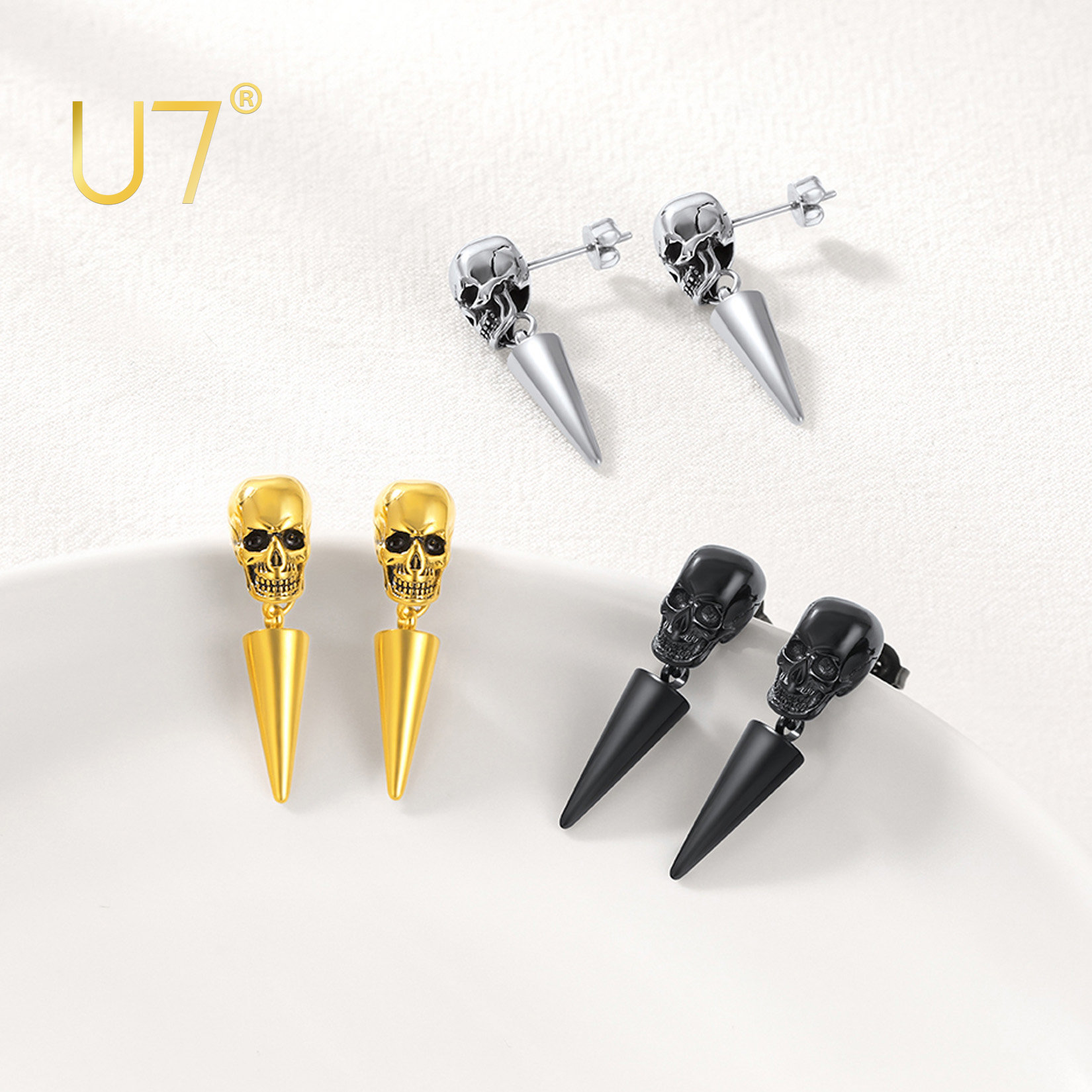 [Clearance] U7 Gothic Skull Studs with Awl 18K Gold Plated Stainless Steel Skeleton Dangle Earrings Hip Hop Halloween Drop Earrings for Men Women ราคา 233 บาท*ส่งฟรี