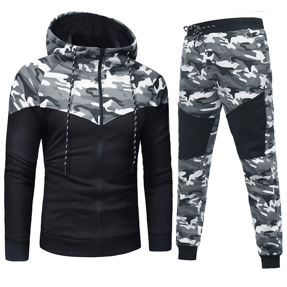 เหวินเฉิงโบ®Chic Men Camouflage พิมพ์ Casual Sport เสื้อโค้ทมีฮู้ดและมีซิปกางเกงชุดสูท