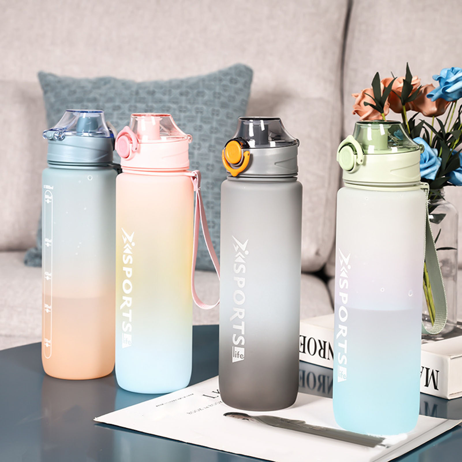 1L Women Water Bottle Large Capacity Food Grade Transparent Lid Gradient Color Letter Print Water Storage Frosted Leakproof Gym Camping Tour Student Water Cup Drinking Container Cool Women Water