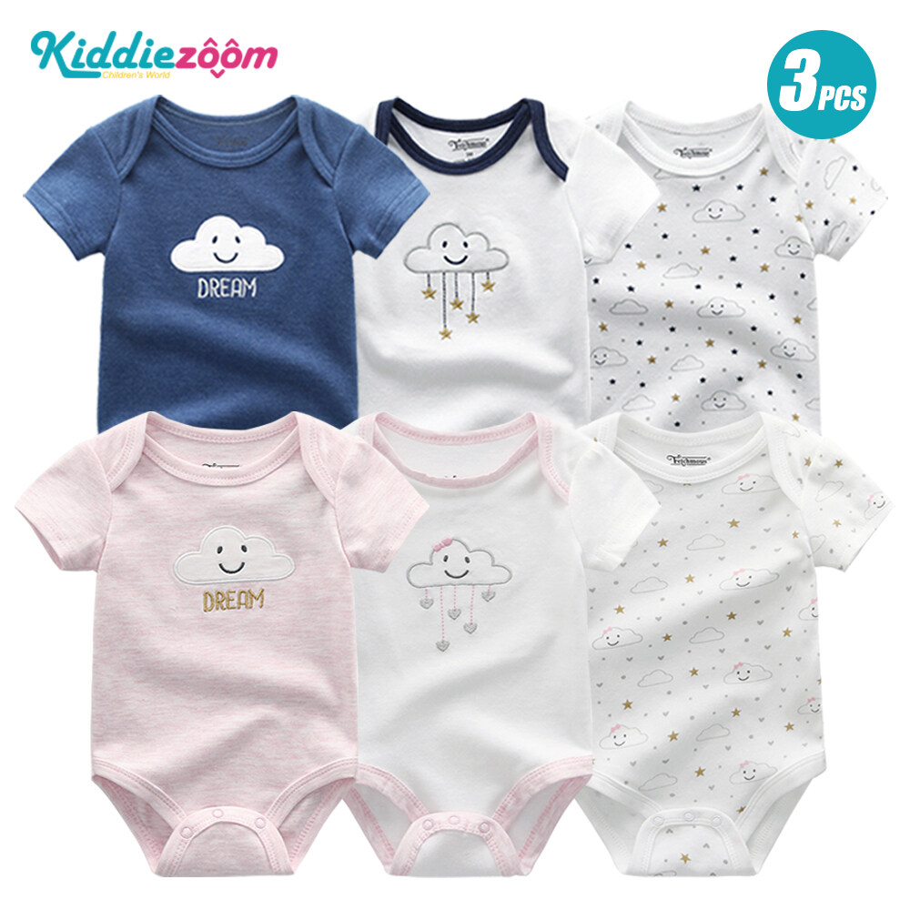 Kiddiezoom 3PCS 100% Cotton Baby Short Sleeve Romper Newborn Boy and Girl Bodysuit Clothes Cloud Pattern