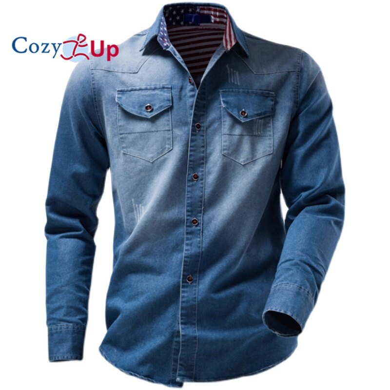 Áo Sơ Mi Denim Dài Tay Ấm Cúng Có Ve Áo Mỏng Phối Màu Cho Nam Thoải Mái Và Mềm Mại