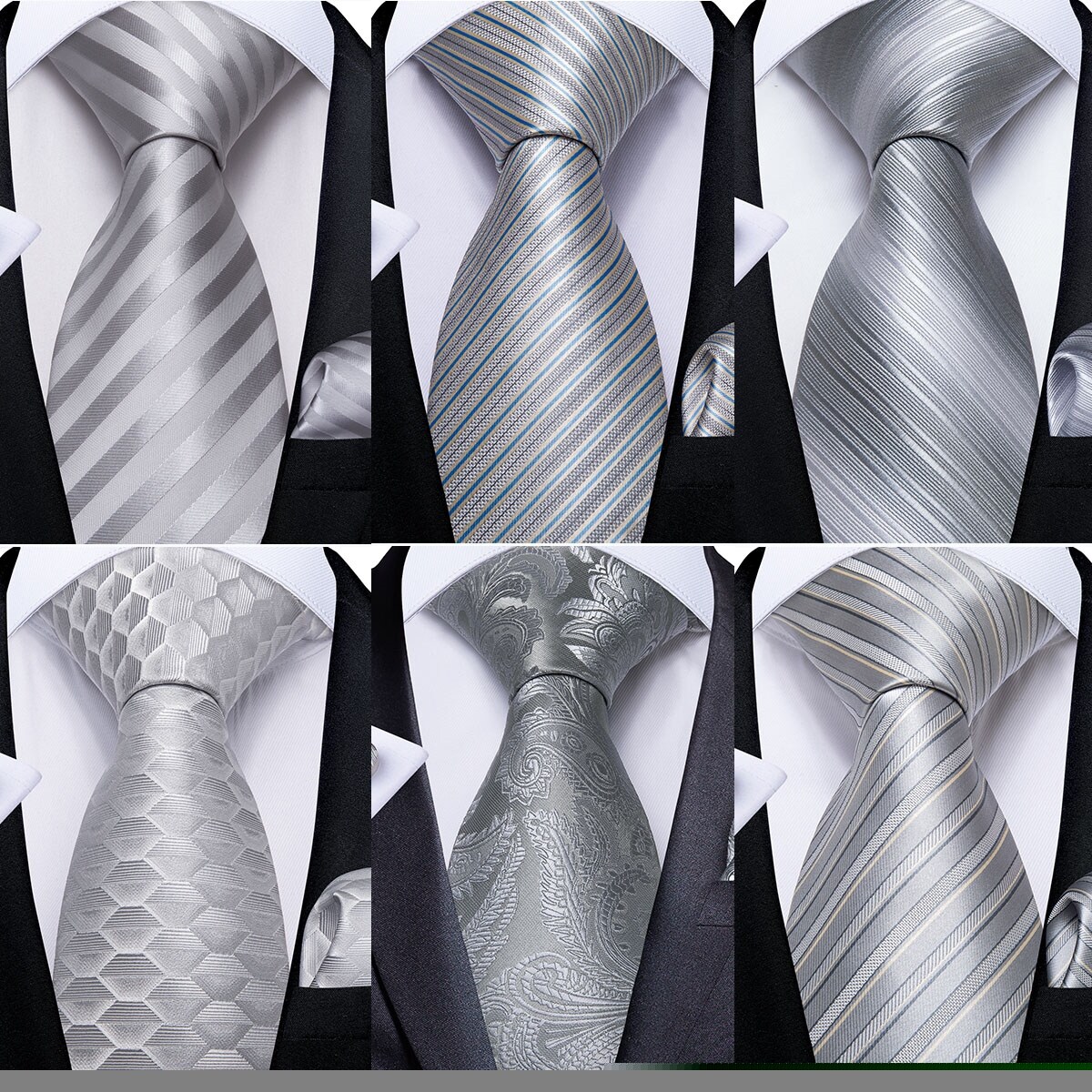 [hot] DiBanGu Mens Ties Silver Striped Silk Wedding Tie For Men Hanky Cufflinks Tie Set Fashion Designer Bussiness Party Dropshipping