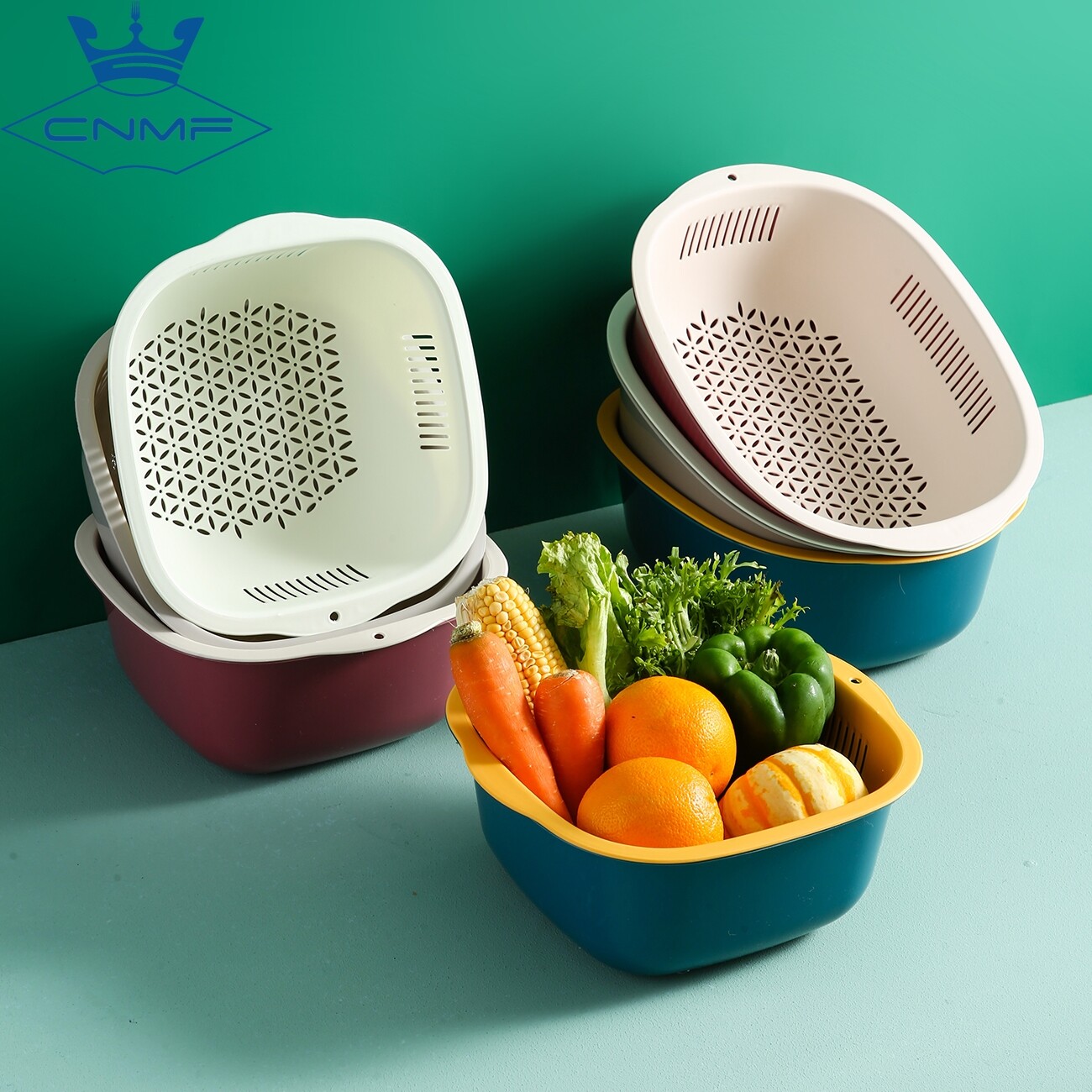Cnmf chậu rửa rau hai lớp giỏ ráo nước tại nhà giỏ đựng rau, lưới nhà bếp gia dụng giỏ rau củ và trái cây màu đỏ bát cơm trái cây