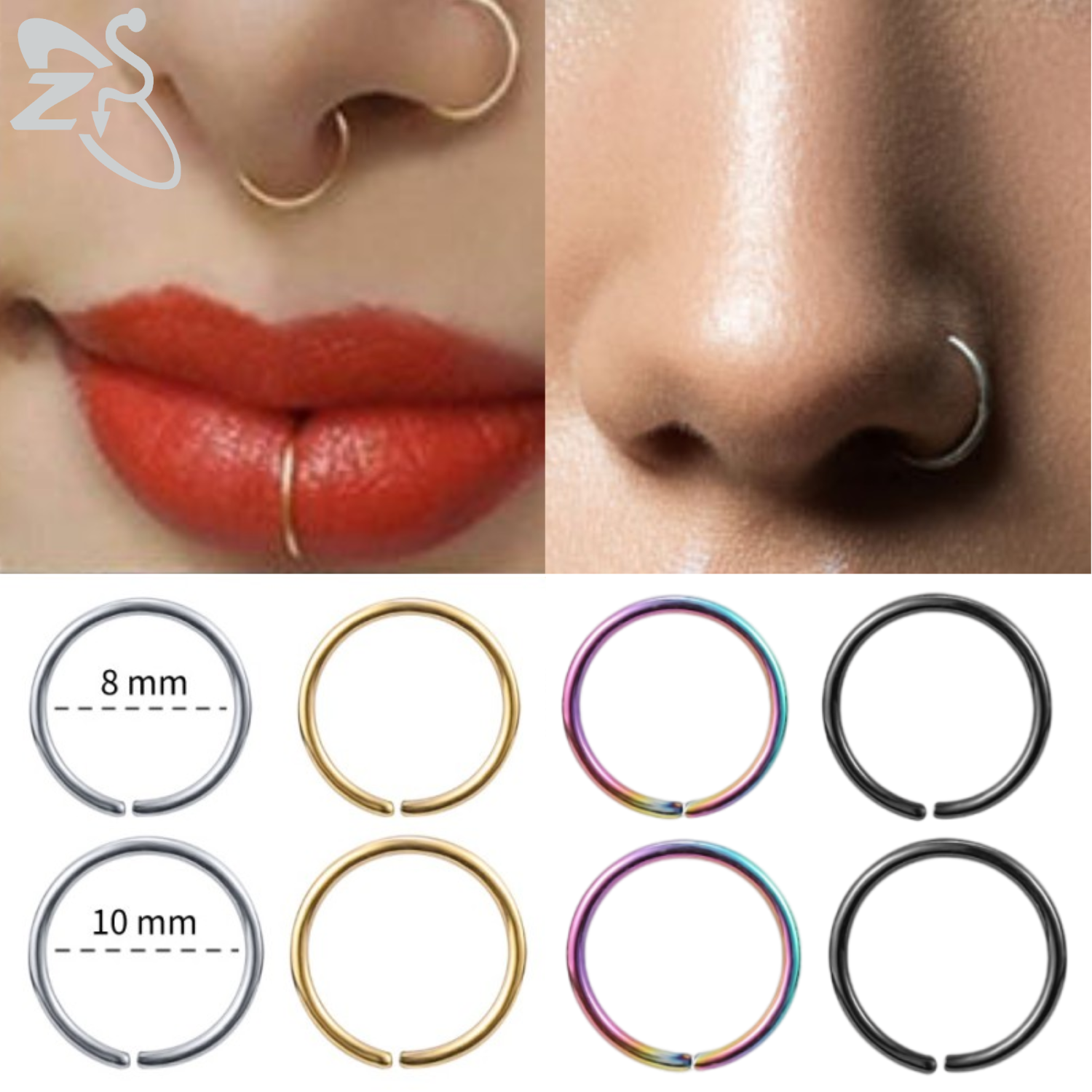 ZS 20G Silver Gold Stainless Steel Nose Rings Round Earrings Septum Rings