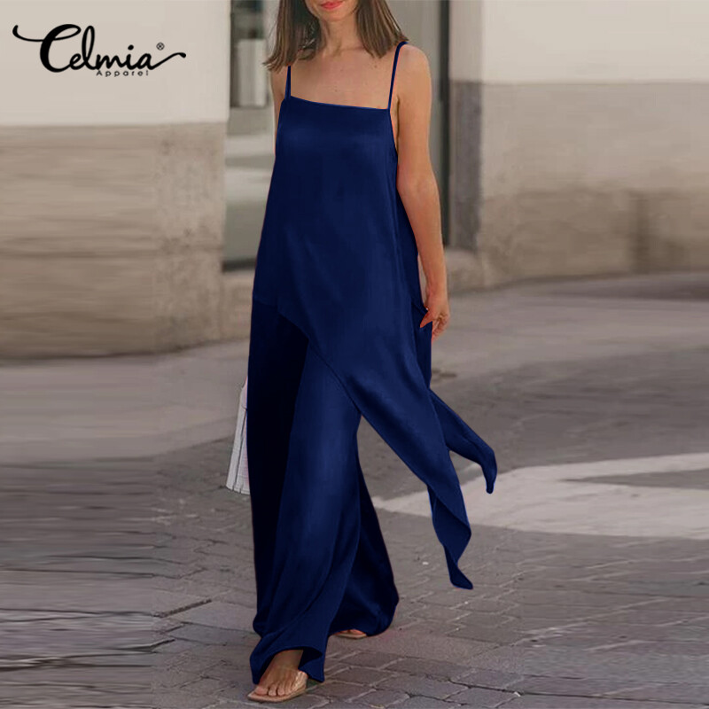 Celmia bộ đồ sa tanh cho nữ áo cánh dài bất đối xứng + quần ống đứng ống rộng 2 chiếc