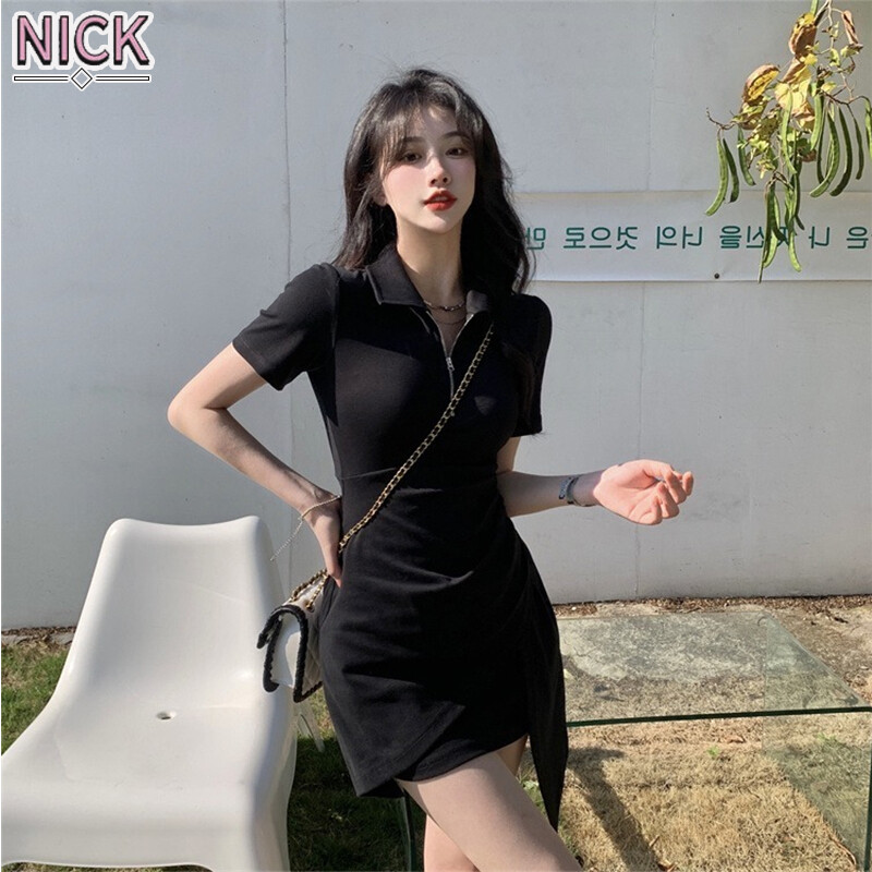 Nick váy nữ váy polo ngắn tay mùa hè váy hông túi eo bất đối xứng váy ôm