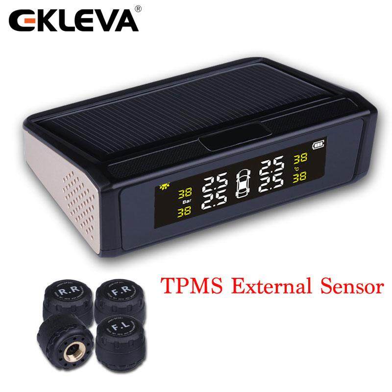 EKLEVA Solar Powered รถ TPMS ความดันยางระบบควบคุมไร้สาย 4 เซ็นเซอร์ภายนอกสีหน้าจอดิจิตอล