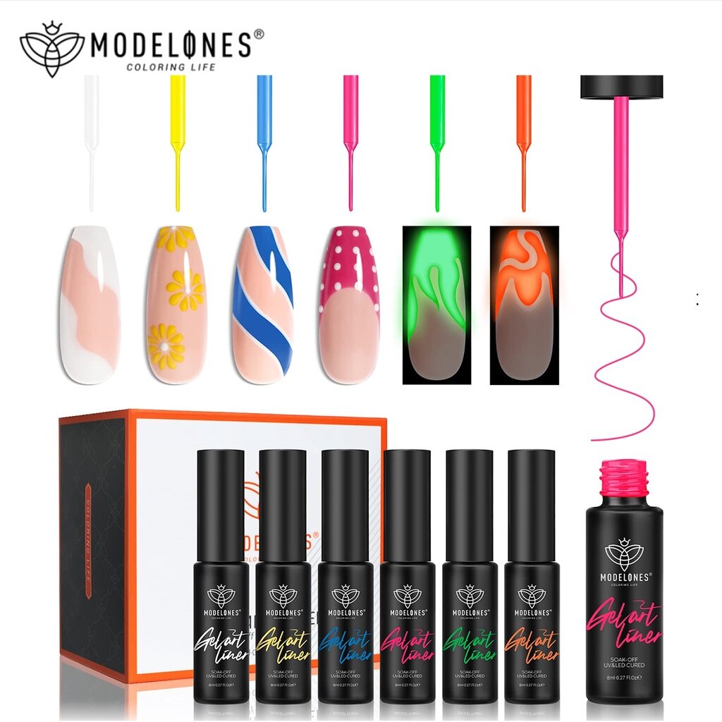 Modelones gel polish nail art gel liner set 6 colors neon yellow hot pink green glow in the dark gel polish gel liner nail art soak off gel