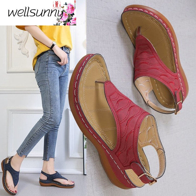 Wellsunny TopRetro Wedge Sandals Casual Non-slip Beach Shoes Large Size Comfortable PU Sandal for Women