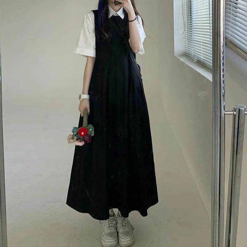 [Two sides can be worn] Korean style Japanese style mid-length suspender dress female student suspender dress summer one-piece suit