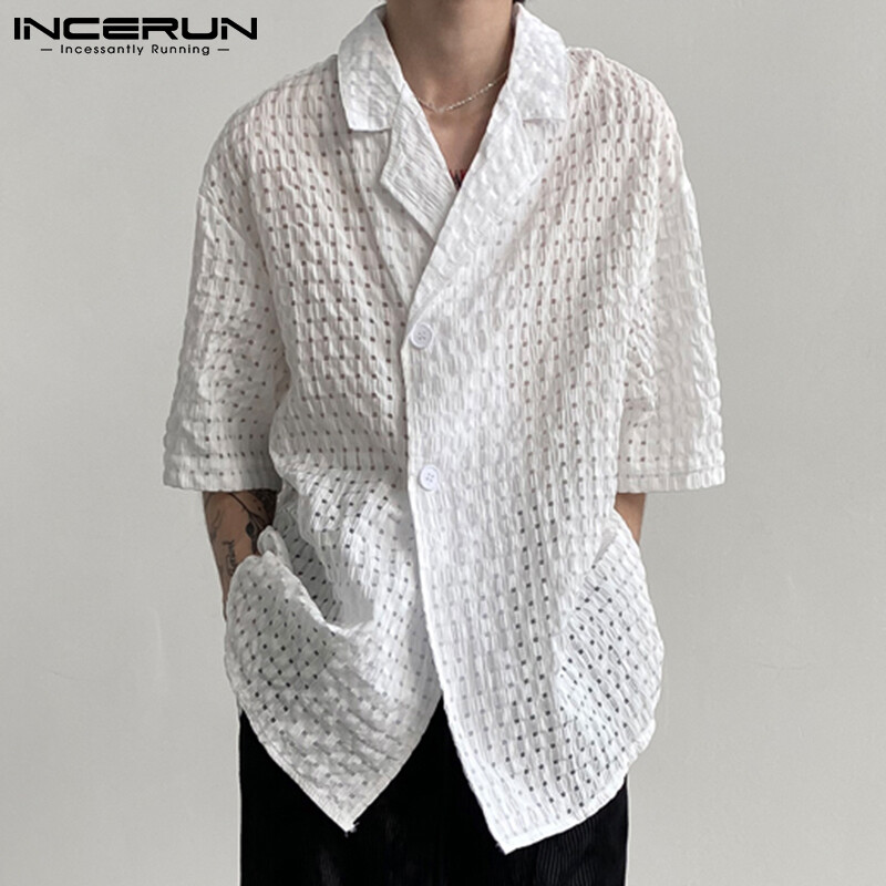 INCERUN Áo Sơ Mi Cổ Chữ V Có Cổ Cho Nam Áo Cánh Cài Khuy Thường Ngày Xuyên Xuyên Thấu Áo Blazer (Phong Cách Hàn Quốc)