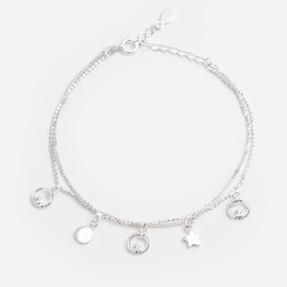 Lắc chân bạc 925-vòng tròn ngôi sao hai dây xinh xắn-kat jewelry