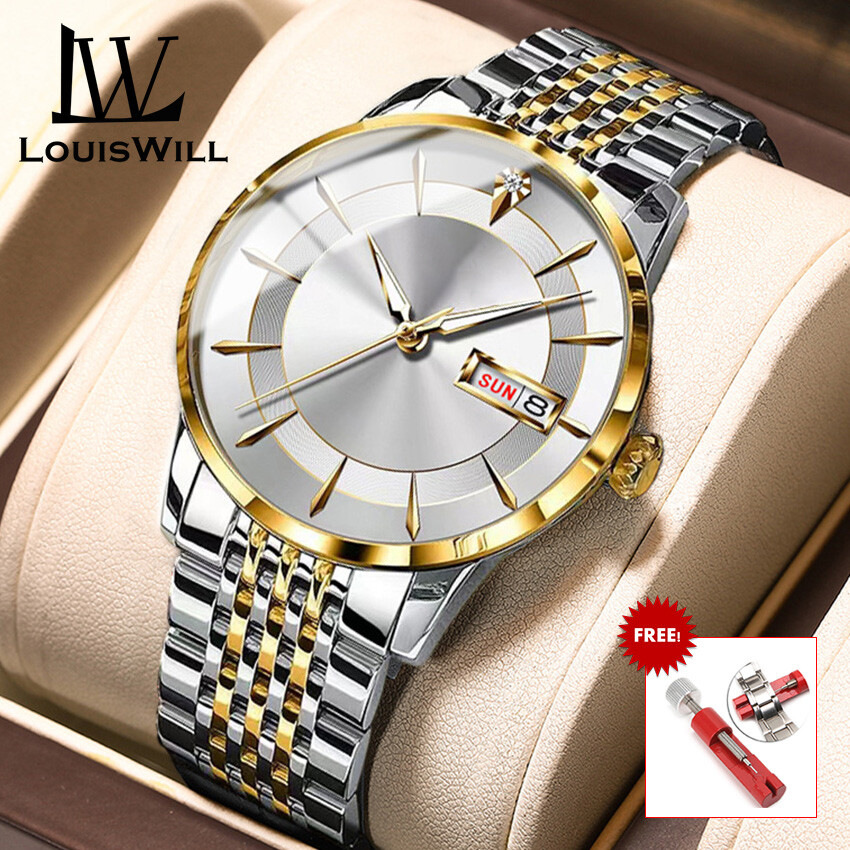 Louiswill đồng hồ nam đồng hồ siêu mỏng thời trang cho nam đồng hồ thường ngày có lịch kép tiếng anh trung quốc đồng hồ chống nước 50m đồng hồ thạch anh kim dạ quang đồng hồ dây thép