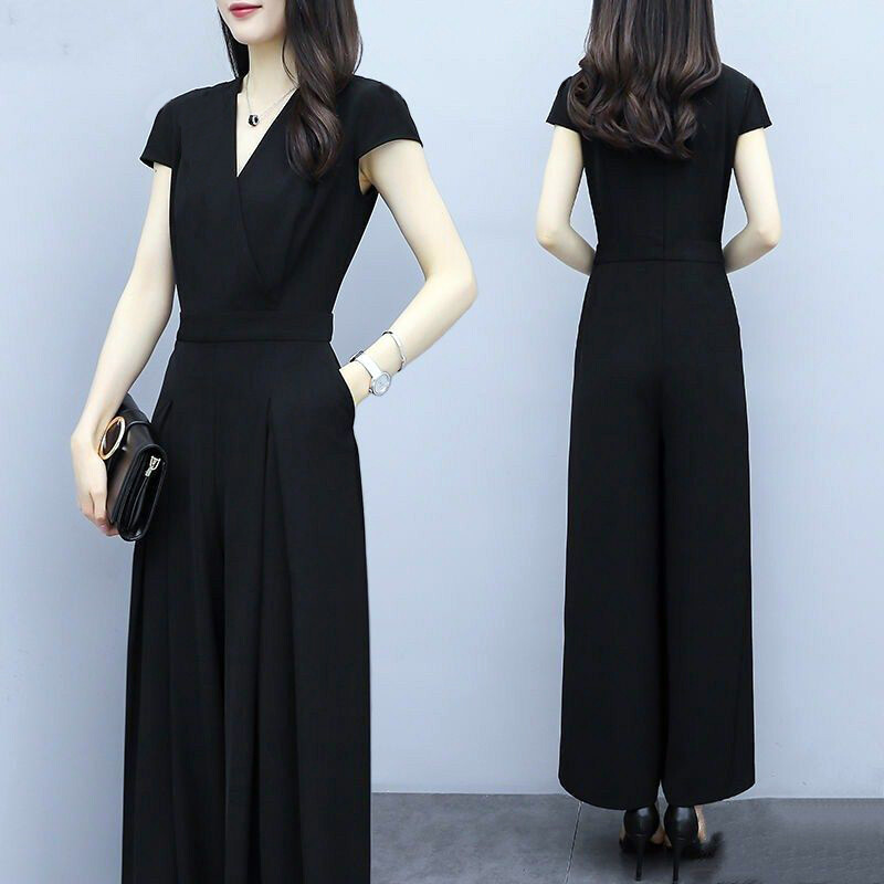 Áo Liền Quần Nữ Quần Ống Rộng Tay Ngắn Cổ Chữ V Thanh Lịch