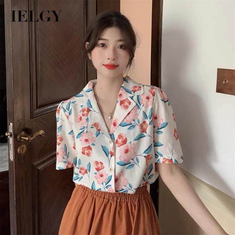Ielgy áo sơ mi ngắn tay họa tiết hoa phong cách chín nhạt cho nữ