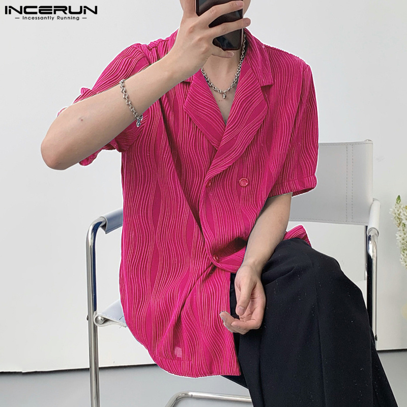 Incerun áo sơ mi trang trọng ngắn tay cho nam áo khoác blazer dáng rộng cài nút áo sơ mi áo phông