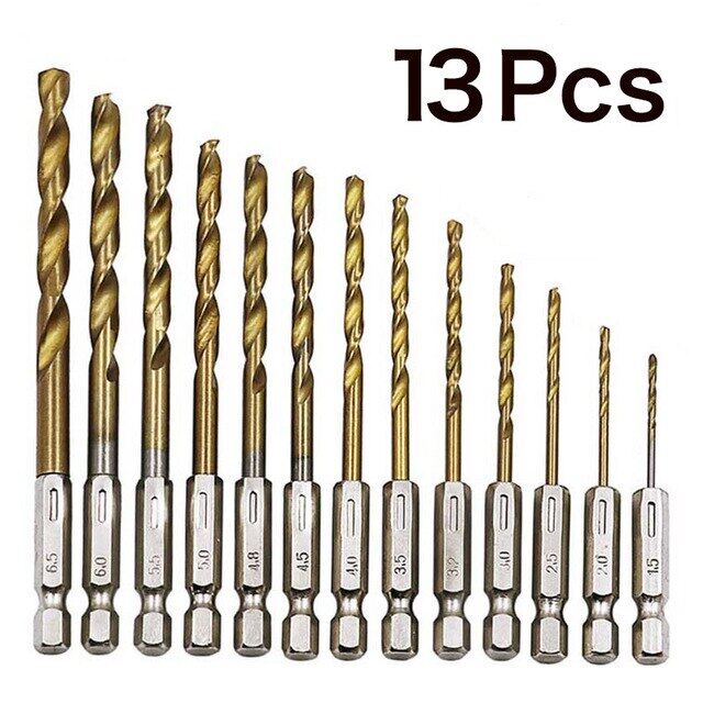 Jewii Hss High Speed Steel Drill Bit 13pcslot Titanium Coated 6.35mm 14'' Hex Shank 1.5-6.5mm Power Tools Twist Drill Bits