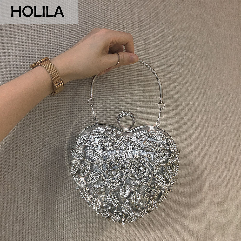 Holila người phụ nữ sáng bóng ly hợp hoa pha lê Túi Xách Vòng trên cùng Túi đeo chéo chian thiết kế hình trái tim túi buổi tối tiệc cưới cô dâu Túi xách tay #19-149