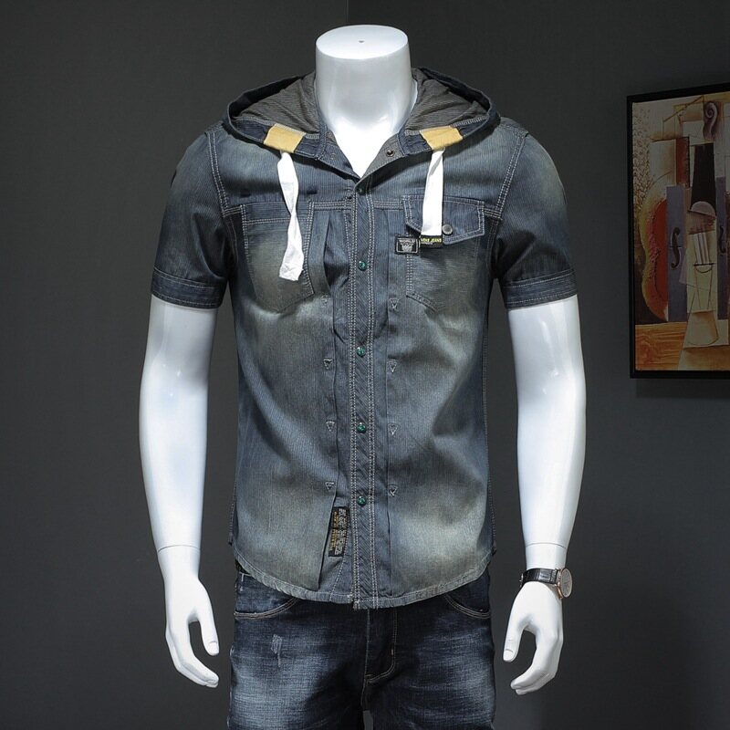 Áo sơ mi ngắn tay có mũ áo sơ mi nam tay lỡ denim xu hướng dx1028/p115