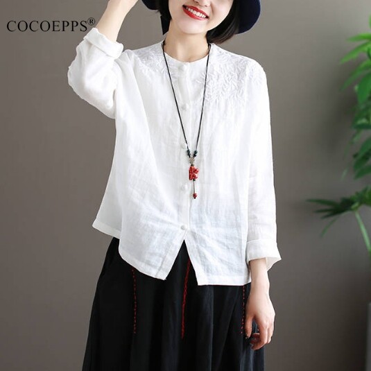 Cocoepps 2024 Phong cách Trung Quốc ban đầu vải lanh và cotton áo sơ mi thêu nữ người hâm mộ văn học mới áo phụ nữ RộNg Tay Áo Dài màu dễ phối áo Thun Cơ Bản quần áo năm mới Trung Quốc 2024