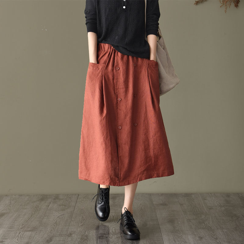 Váy nữ dáng rộng Váy lanh vải cotton hai hàng khuy váy chữ A dáng ôm thường ngày mùa xuân và mùa hè nữ 503s151
