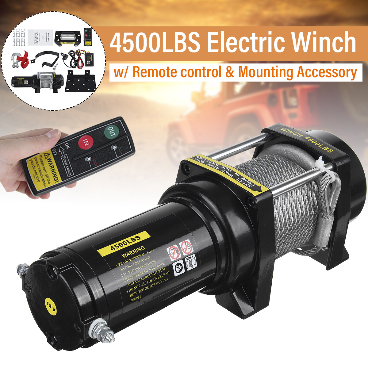 4500lbs 12V Car Electric Winch Remote Control Synthetic Rope Roller