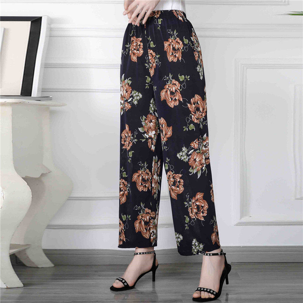 Quần Lụa Lạnh Trung Niên Và Người Già Quần Lửng Nữ Mỏng Mùa Hè Hoa Mẹ, Quần Nữ Thường Nhật Dáng Suông Rộng Cỡ Lớn Co Giãn