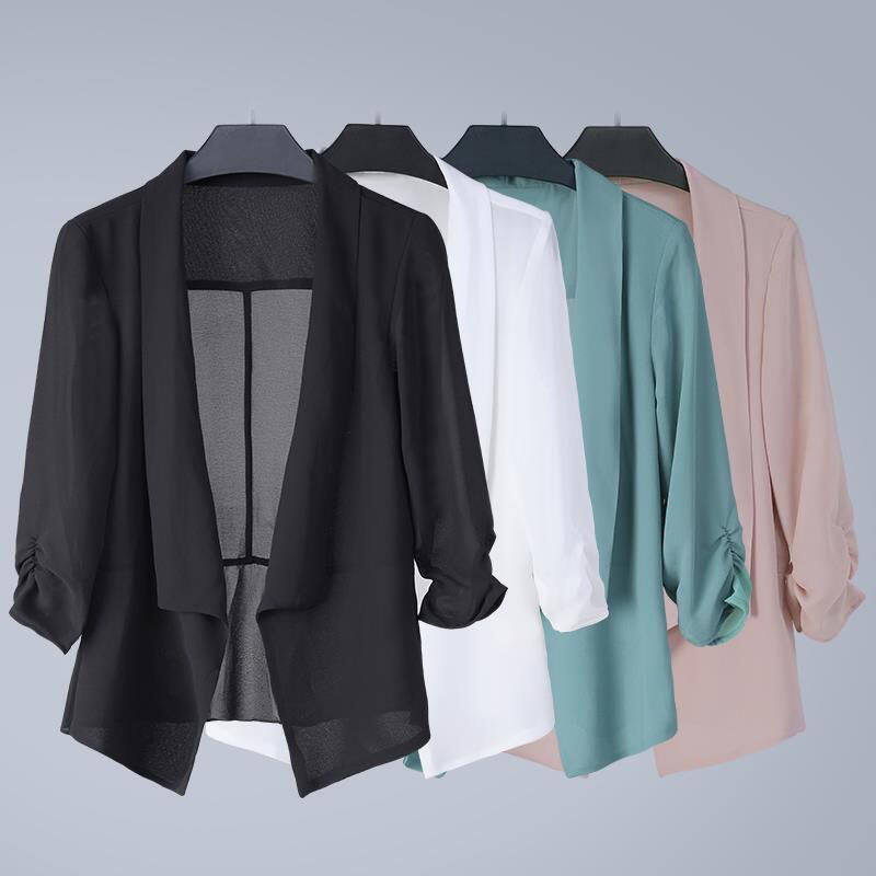 Áo khoác áo cardigan voan cho phụ nữ phù hợp với cổ áo ngắn áo khoác Jacket Trọng lượng nhẹ Áo điều hòa không khí