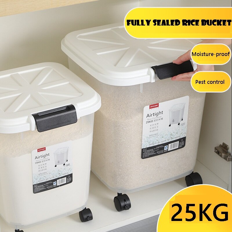 Hộp đựng gạo kín có bánh xe thùng đựng hạt gạo nhà bếp dung tích lớn để giữ cho gạo khô và tươi