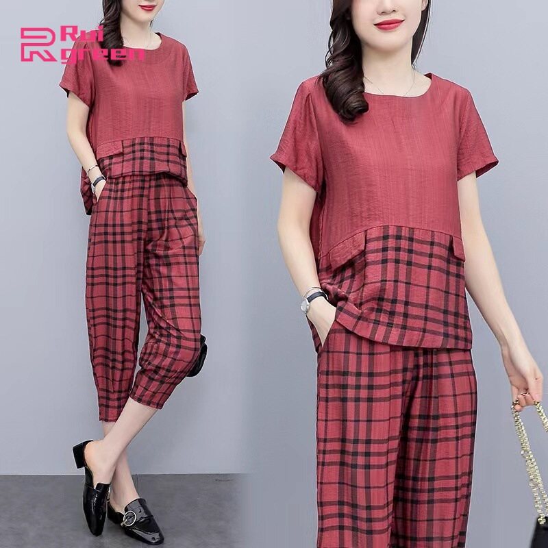 Bộ 2 Món Đồ Rộng Cho Nữ Bộ Quần Lửng Áo Chui Đầu Ngắn Tay Cổ Tròn Họa Tiết Kẻ Sọc Vải Lanh Cotton Màu Sắc: Đỏ Kích Thước: M