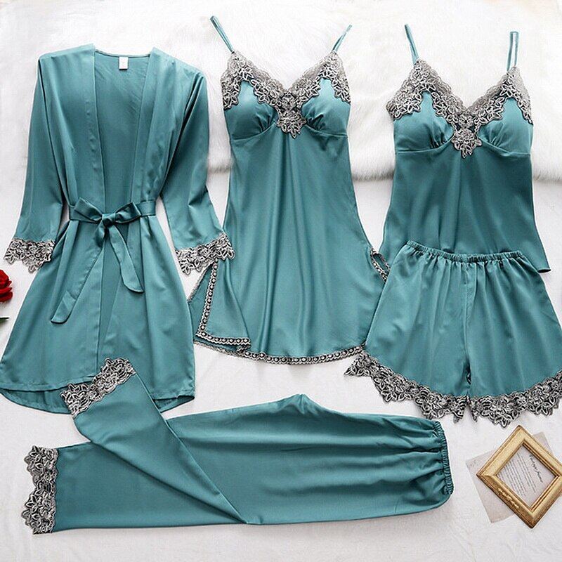 2024 bộ đồ ngủ 5 món đồ ngủ bộ đồ ngủ ren cho nữ đồ ngủ satin cổ chữ v đồ lót ôm sát đồ ngủ mùa xuân đồ mặc nhà pjs