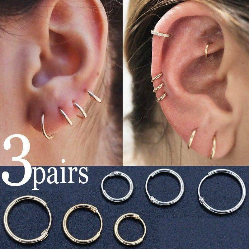 [Mua 1 Tặng 1] 3 Cái/bộ Bông Tai Vòng Tròn Nhỏ Phong Cách Punk Cổ Điển Hàn Quốc Cho Nữ Trang Sức Anting