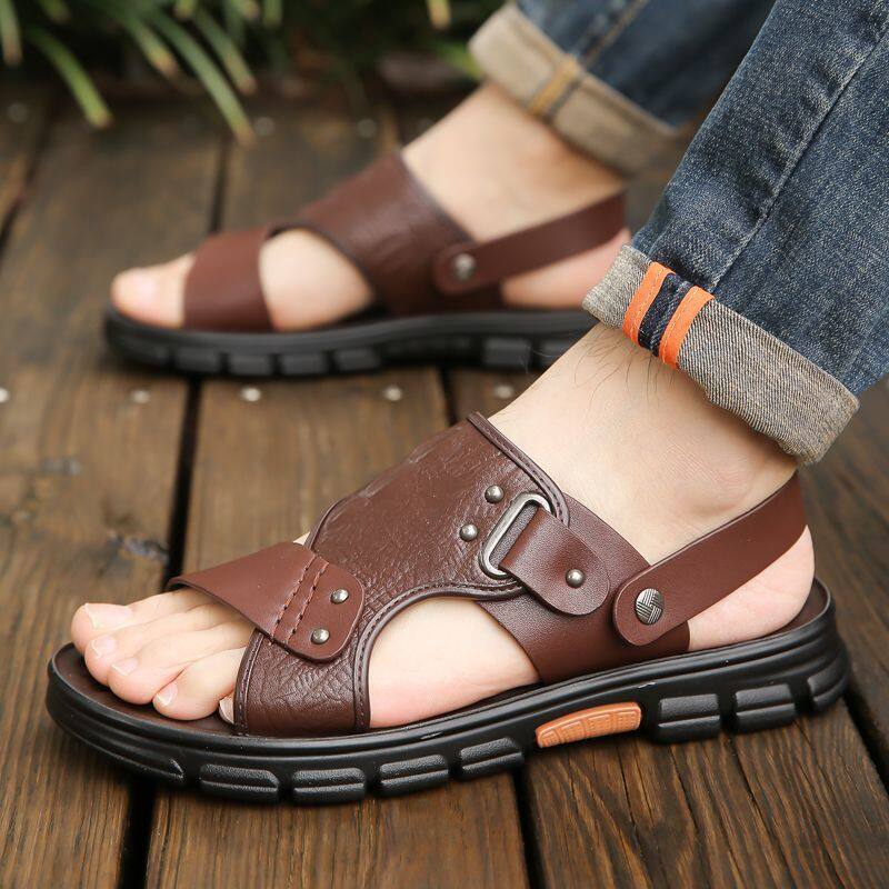 Genuine leather men's sandals, casual sandals, beach shoes, anti slip and wear-resistant leather sandals for two wear ราคา 99 บาท*ส่งฟรี