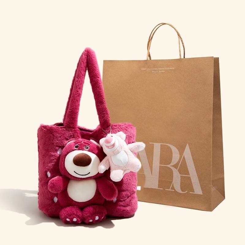 ZARAˉ Strawberry Bear Furry Doll Bag 2022 New Plush Plush Bag Girls Birthday Gift Tote Bag NEW 2023 imported