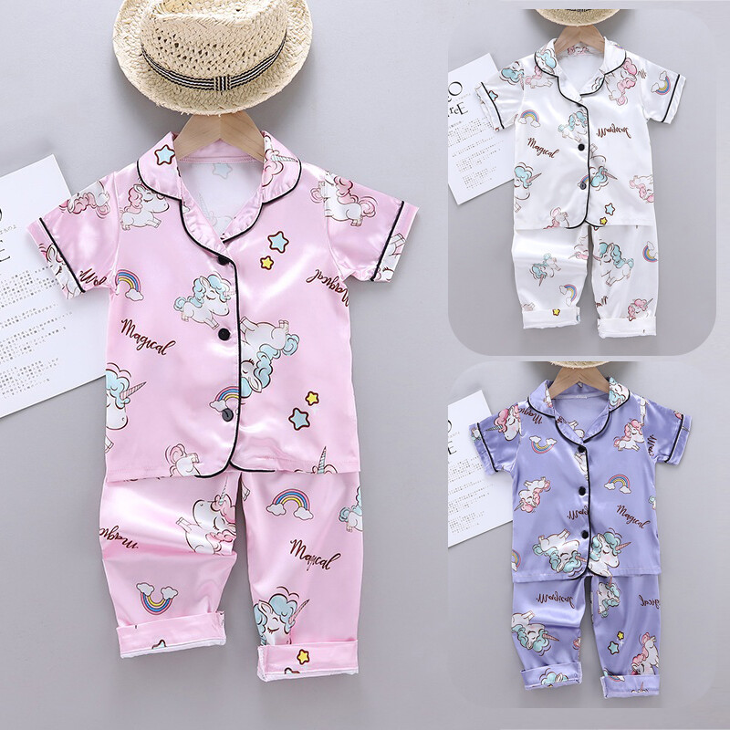 Oyamerbaby 1-8Years Girls Boys Sleepwear Suits Cartoon Print Short Sleeve Shirt with Sleep Pants Sleepwear Set