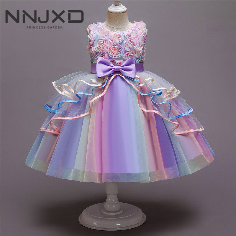 NNJXD Hoa Bé Gái 4-10 Tuổi Cầu Vồng Công Chúa, Với Nút Thắt Nơ Lớn Màu Tím Cho Váy Tiệc Cưới Bé Cô Gái Dresses